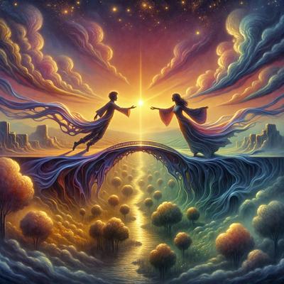 The primary subject of the image is a painting featuring two people, likely a man and a woman, standing on a bridge. They are holding hands and appear to be enjoying their time together. The setting is a beautiful landscape with a river flowing beneath the bridge. The visual style of the painting is a mix of digital art and illustration, creating a vibrant and lively atmosphere. The colors used in the painting are predominantly warm and inviting, contributing to a sense of happiness and togetherness.